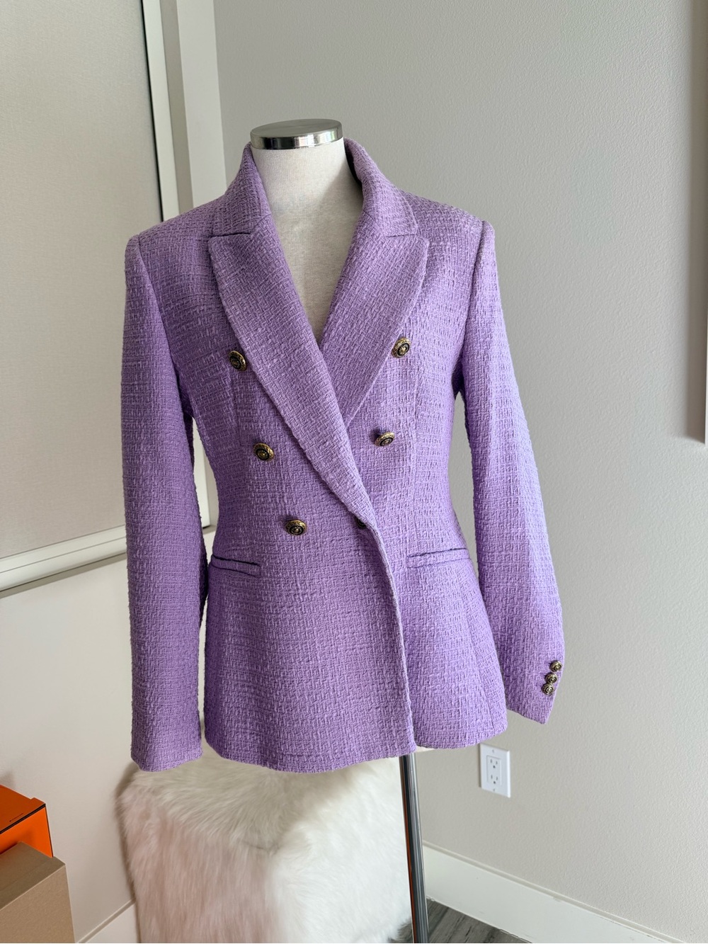 Zara Lavender Double-Breasted Tweed Blazer